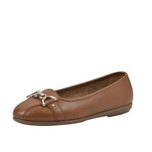 NWT Aerosoles Wide Width Comfortable Womens Buckle Ballet Shoes Flat Cognac Brwn